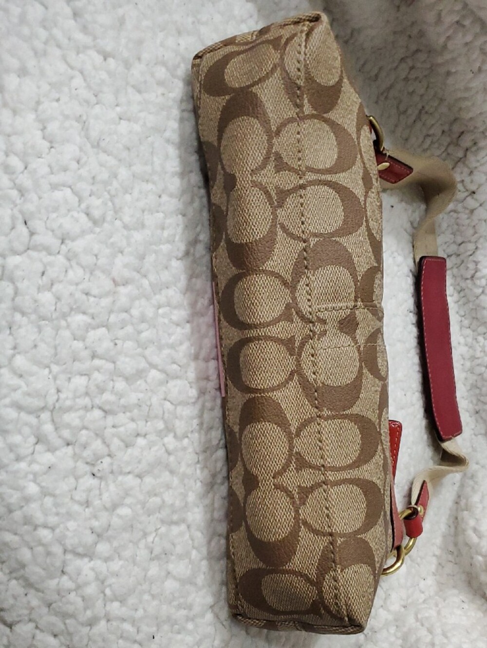 Coach Brown Signature Canvas Pink Center Stripe and Coral Trim - Picture 4 of 9